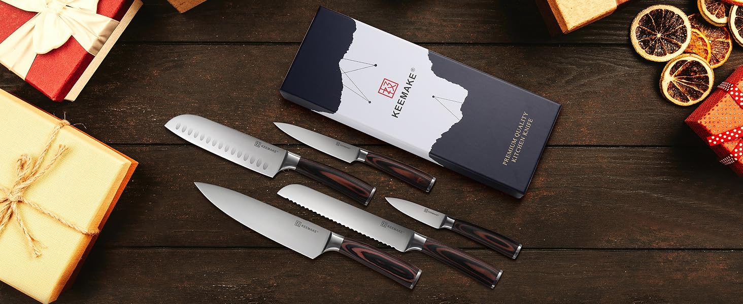 Набір кухонних ножів Keemake 7 предметів з дерев'яним блоком, професійний набір кухонних ножів з нержавіючої сталі та пластикової ручки