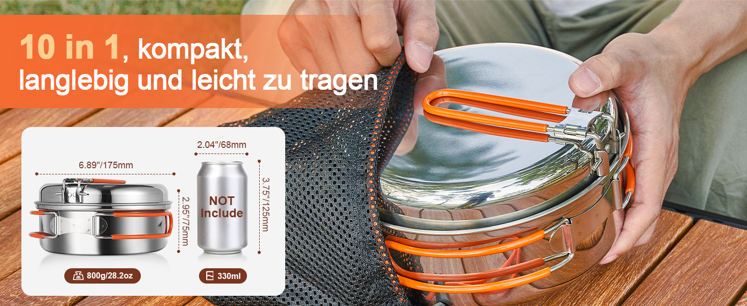 Набір кухонного посуду для кемпінгу Odoland 10 предметів: каструля, сковорода з антипригарним покриттям, тарілки, миски, виделки, ножі, ложки. Ідеально для кемпінгу, пікніків, походів та трекінгу. Виготовлений з нержавіючої сталі з захисною шкіряною обкладинкою.