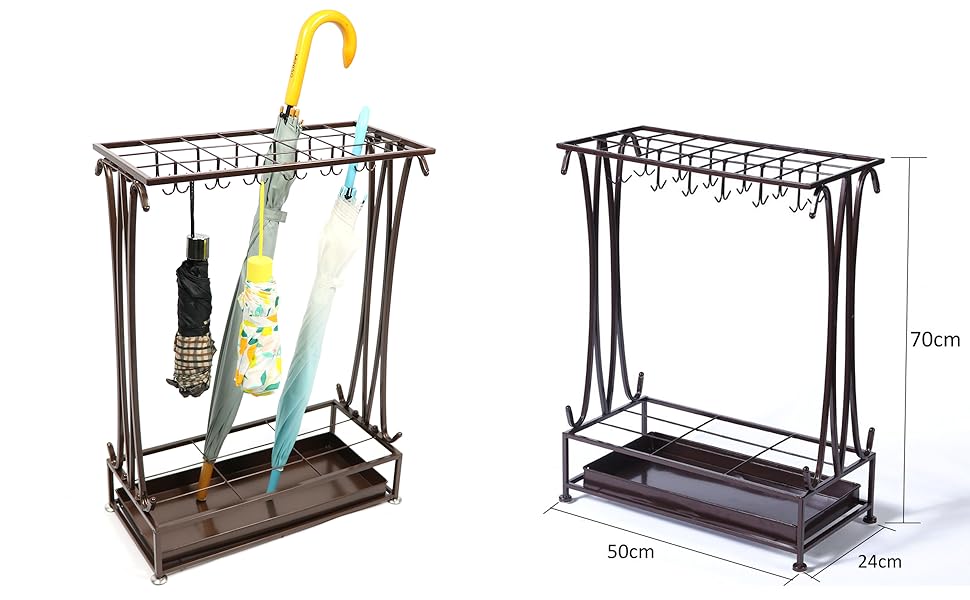 Велика металева підставка для підставки для парасольок, палиця для зберігання в передпокої для домашнього офісу з 4 гачками зверху та однією нижньою полицею, що протікає дощовою водою (70 x 50 x 24 см, коричневий), 02