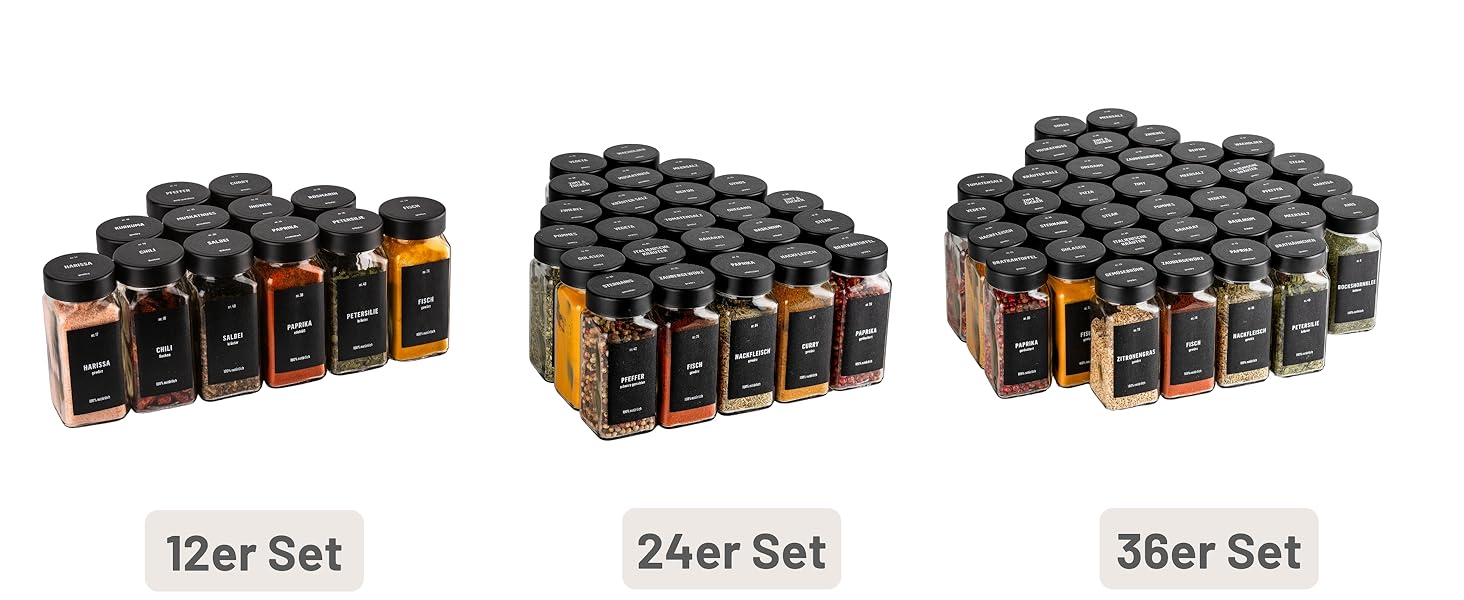 Набір банок для спецій Deco haus® (36 шт.) з кришками чорного кольору, з мірною ложкою та етикетками