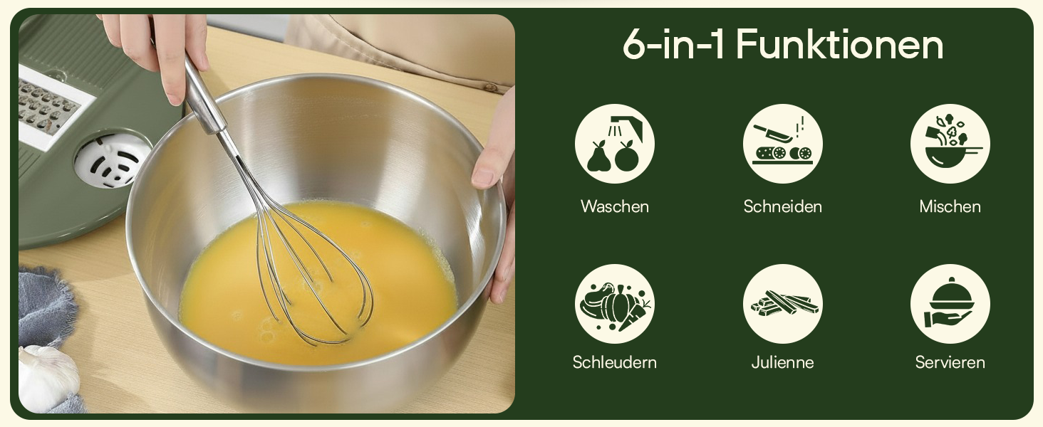 Салатниця-швидкокрутка VELVOMAX 6в1 з нержавіючої сталі, 4.5L - 6 функцій: нарізник овочів, сервіровочна чаша та спіннер для салатів. Можна мити в посудомийній машині, з антиковзним дном та кришкою. Ідеально для любителів готувати.