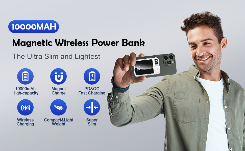 Бездротовий Power Bank, магнітний 10000 мАг, швидка зарядка Mini PD 22.5 Вт, LED дисплей, для iPhone 12-15 (білий)