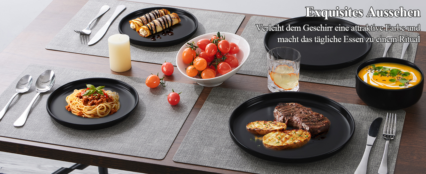 Набір посуду Joyfair на 6 осіб, 18 предметів, кераміка, чорний (Abyssal Schwarz). Тарілки обідні, десертні, миски для сніданку. Стійкий до подряпин, для мікрохвильовки та посудомийної машини