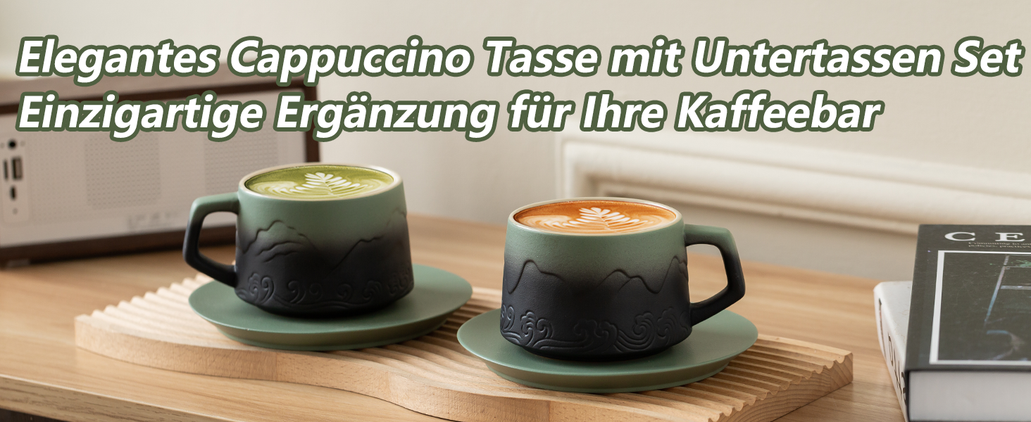 Мл Капучино Чашки та блюдця Набір з 2 шт. , керамограніт, мох зелений/чорний, 240