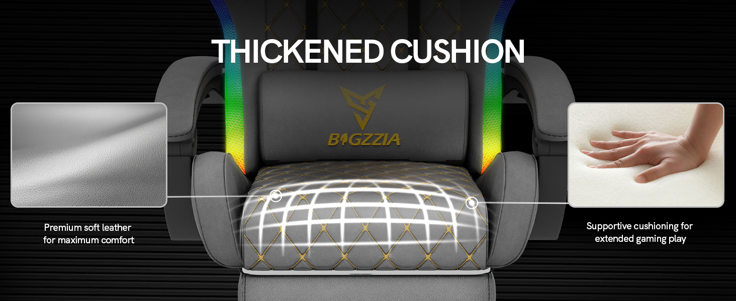 Ігровий крісло Bigzzia з RGB LED підсвічуванням - ергономічне геймерське крісло з підтримкою попереку та підніжкою, регульоване та поворотне, з PU-шкіри, 150 кг, сірий