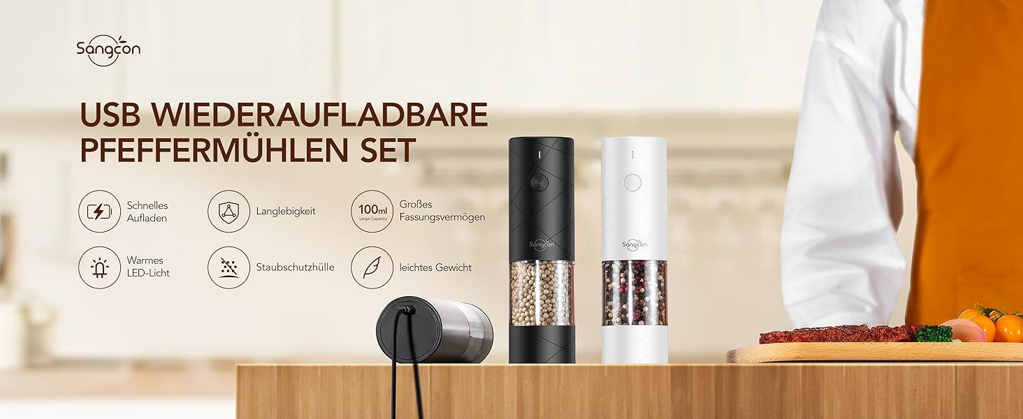 Електричні млини для солі та перцю Sangcon, 2 швидкості, перезаряджувані, 6 ступенів помелу, автоматичний набір з док-станцією, зручне використання (чорний)