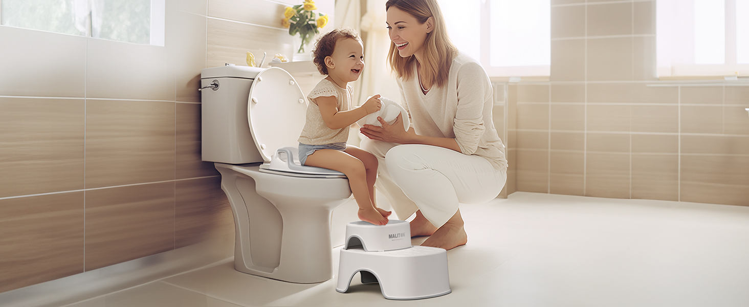 Дитяче сидіння на унітаз Maliton з двоступеневою підніжкою для дітей 1-8 років, біло-сіре або біле