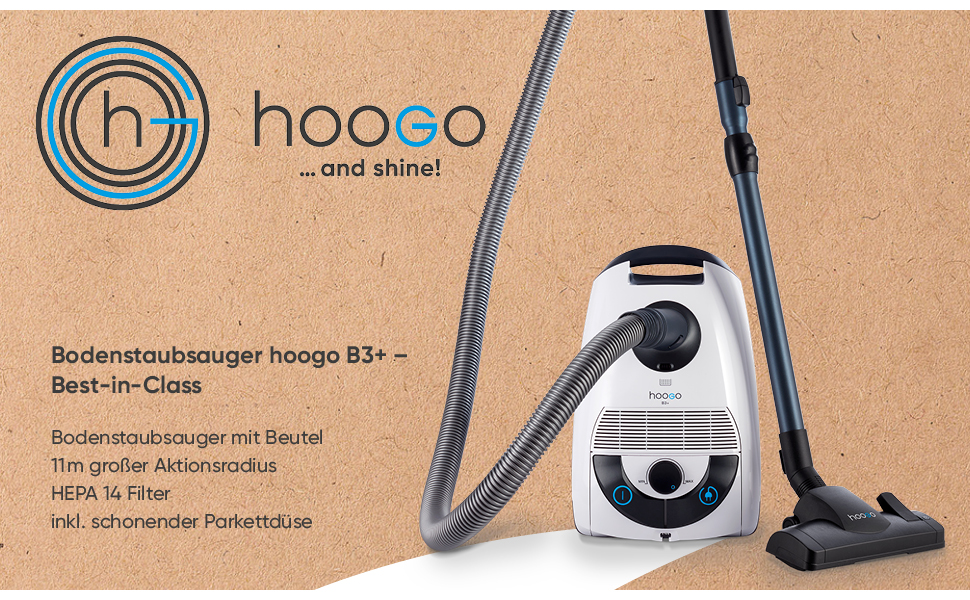 Пилсос Hoogo B3+ з мішком | Пилсос для підлоги | Потужний, з HEPA-фільтром, 850 Вт, радіус дії 11 м, тихий (74 дБ), об'єм пилозбірника 3 л, з набором насадок, білий, з кабелем