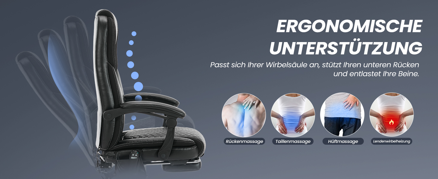 Крісло офісне шкіряне з масажем та підігрівом, регульоване, з підніжкою - для офісу та дому, чорне