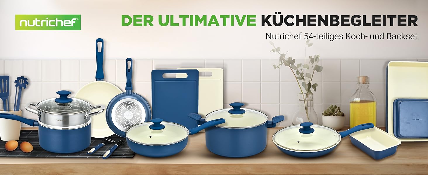 Набір посуду NutriChef 54 елементи: сковороди, каструлі, кухонні аксесуари, ножі, форми для випічки, для приготування здорової їжі (синій)