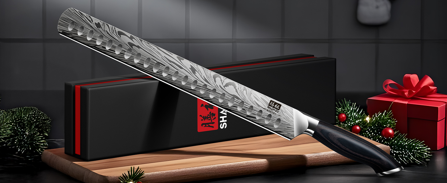 Японський кухонний ніж SHAN ZU з порошкової сталі, 30 см. Професійний ніж шеф-кухаря з високим вмістом вуглецю, ергономічна ручка з паккавуда. (Транжирний ніж)