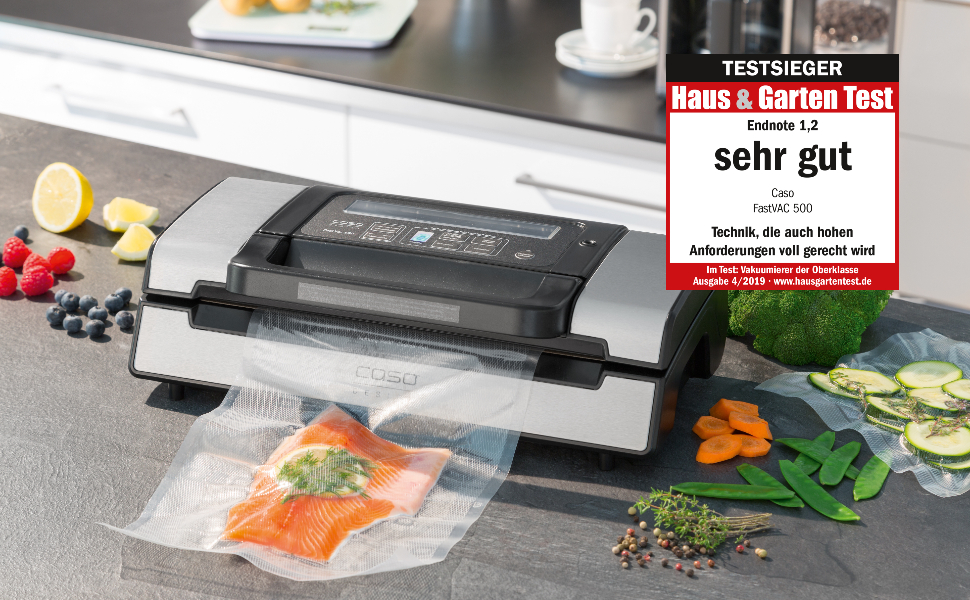 Професійний вакууматор CASO FastVac 500 для бізнесу, вакуумний пакувальник з подвійним швом та потужним насосом 20 л/хв, комплект з 2 рулонами фольги