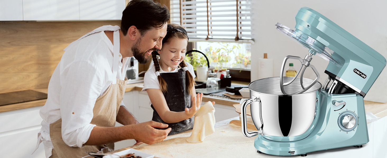 Кухонна машина Cheflee 2000W: потужна планетарна міксер для тіста та збивання, 6 швидкостей, 7.2 л чаша з нержавіючої сталі, гак для тіста та вінчик, захист від бризок (блакитна)