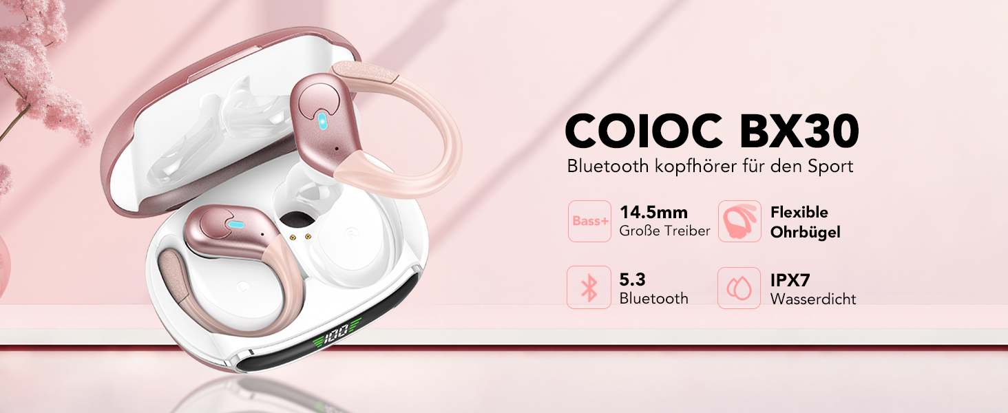 Спортивні навушники coioc Bluetooth 5.3, мікрофон ENC, 60HD HiFi, світлодіодний зарядний чохол, водонепроникний IP7, рожевий