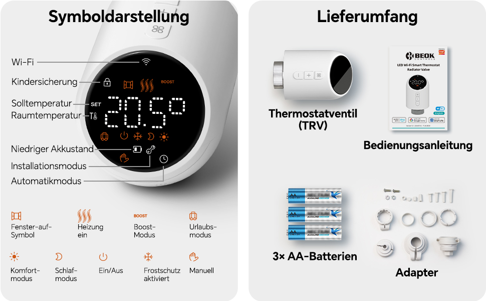 Розумний термостат для радіатора Beok WiFi з керуванням через Tuya, Google Assistant та Alexa, живлення від батарейок