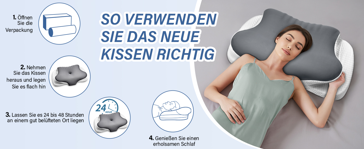 Подушка для шиї з піною з пам'яті, дихаюча, ергономічна, 65x37x10/12см, сіра