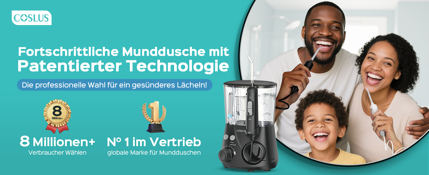 Електрична зубна душ COSLUS Munddusche Professional з 2 режимами та 12 рівнями тиску – 600 мл резервуар для води. Підходить для сімей, ентузіастів орального здоров'я та пацієнтів з ортодонтичними конструкціями. 5 насадок, чорний колір.