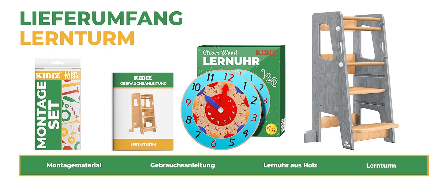 Дитячий навчальний стільчик KIDIZ® для дітей від 1 року. 3-рівневий, регульована висота, збірна сходинка з дерева, сприяє розвитку моторики. Модель Montessori, витримує до 50 кг. Колір: антрацит та дерево (сірий та дерево).