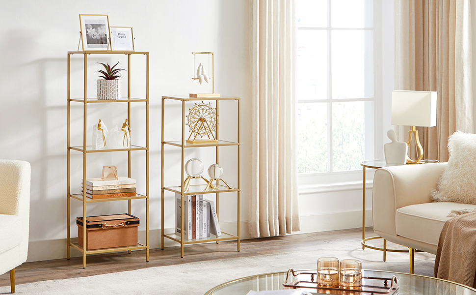 Регал VASAGLE з 5 полицями для ванної, вітальні, кухні, офісу. Скляна полиця, металевий каркас, проста збірка, 40B x 124,5H см.