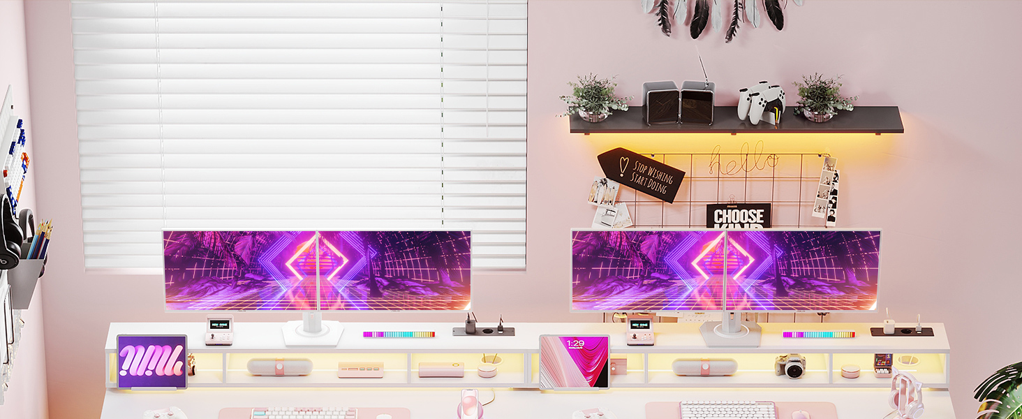 Офісний стіл для геймінгу OffiGo, 140 см, регульована висота, RGB LED, розетки, 3 полиці, тримач для напоїв та навушників, поверхня з карбону, білий колір
