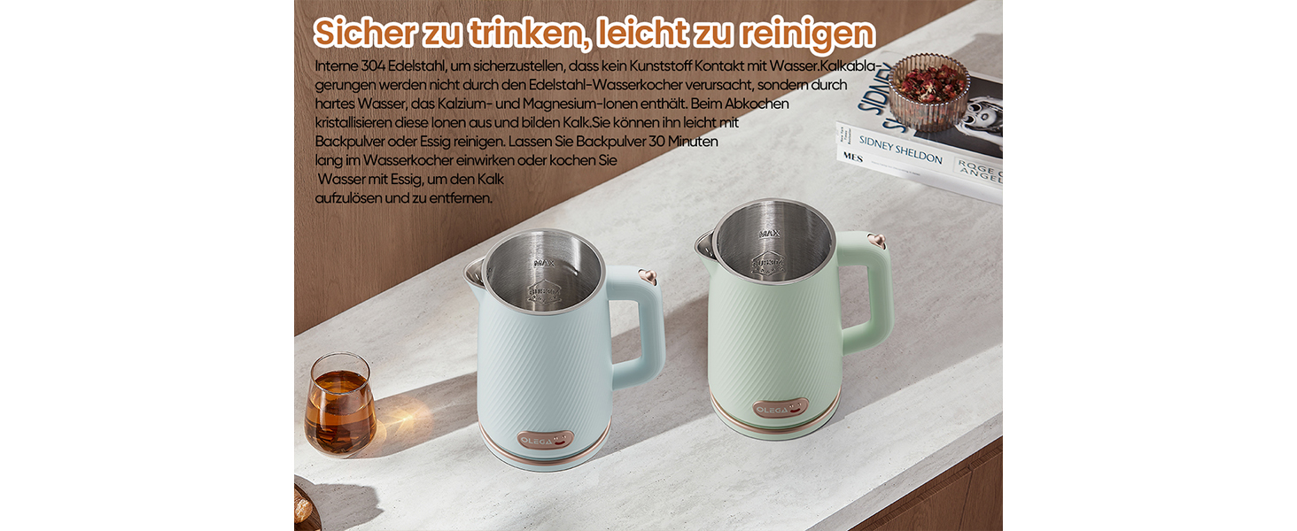 Електричний чайник OLEGA 1.8L, 1800W, з автоматичним відключенням та захистом від сухого кип'ятіння, нержавіюча сталь 304, без BPA, зелений