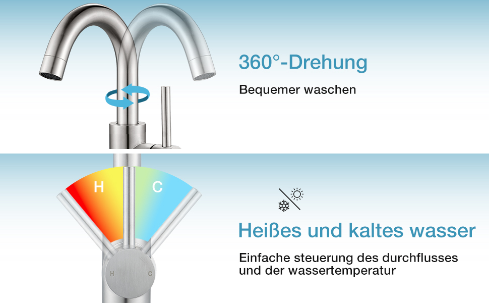 Змішувач для ванної кімнати/кухні з нержавіючої сталі, поворотний на 360°, висота виливу 150 мм, з однорідним змішувачем, покриття - нікель