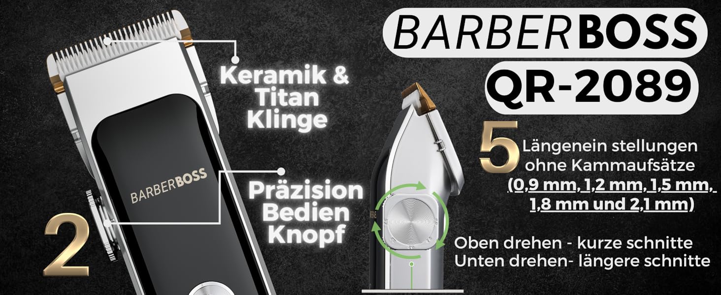 Професійний тример для бороди/волосся BarberBoss, точна кнопка, 2 швидкості, USB, керамічне/титанове лезо, світлодіод, QR-2089