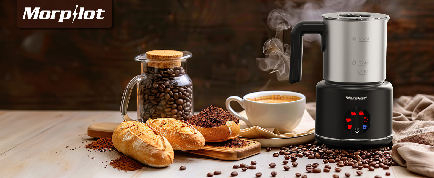 Morpilot Електричний піноутворювач молока 6-в-1, для капучино, лате, гарячого шоколаду, 130-500 мл, 600 Вт, антипригарне покриття, нержавіюча сталь, чорний