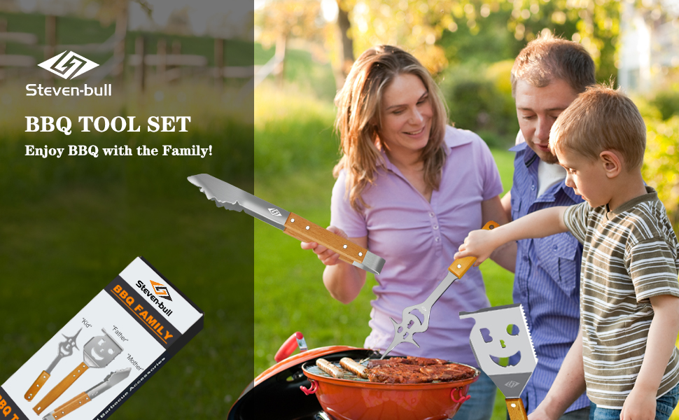 Набір гриль-посуду Steven-BULL 3 шт. з нержавіючої сталі з дерев'яними ручками, гриль-аксесуари: щипці, лопатка, виделка.