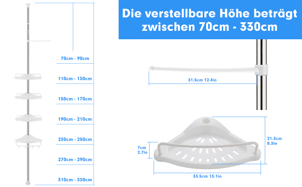 Телескопічна душова полиця ZHUGE , регульована кутова полиця для душу з 4 полицями, 4 гачками, анга для рушників для зберігання у ванній кімнаті, нержавіюча, 70-330 см від підлоги до стелі, біла