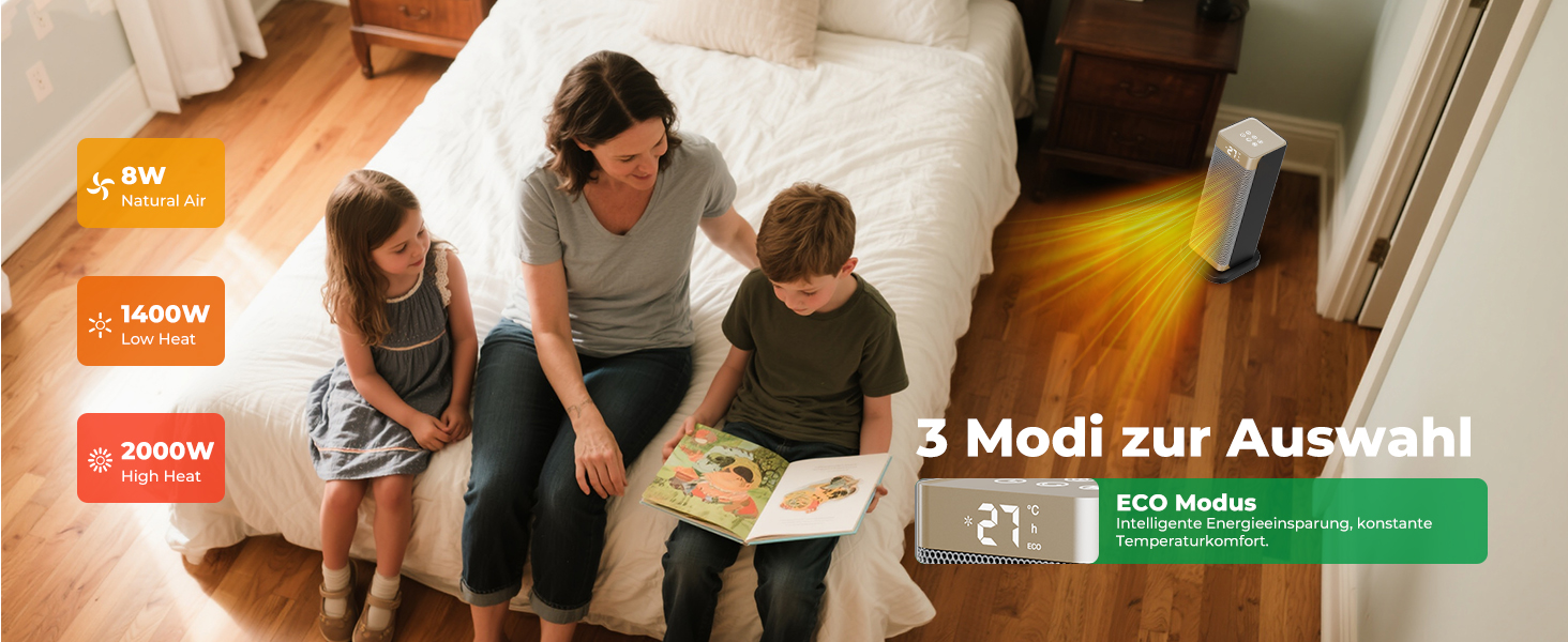 Електричний обігрівач 2000W з енергозбереженням, тихий, 3 режими, PTC кераміка, швидкий нагрів, ECO-режим, пульт ДУ, таймер 12H, поворот 70°, для офісу, спальні, ванної кімнати, золотий