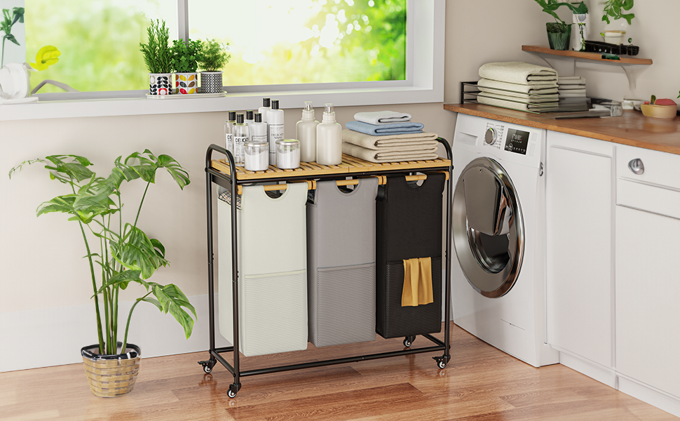 Кошики для білизни з сортуванням 3x40л, з висувними кишенями та роликами (Чорний/Білий)