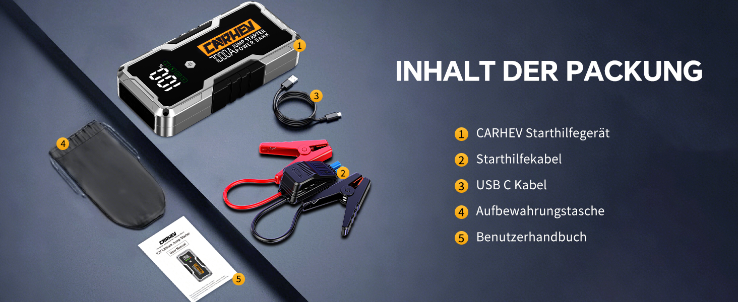 Бустерний пускач CARHEV 7000A для авто 12В (до 10.0L бензин/дизель), Powerbank з QC 3.0 USB та LED-ліхтарем