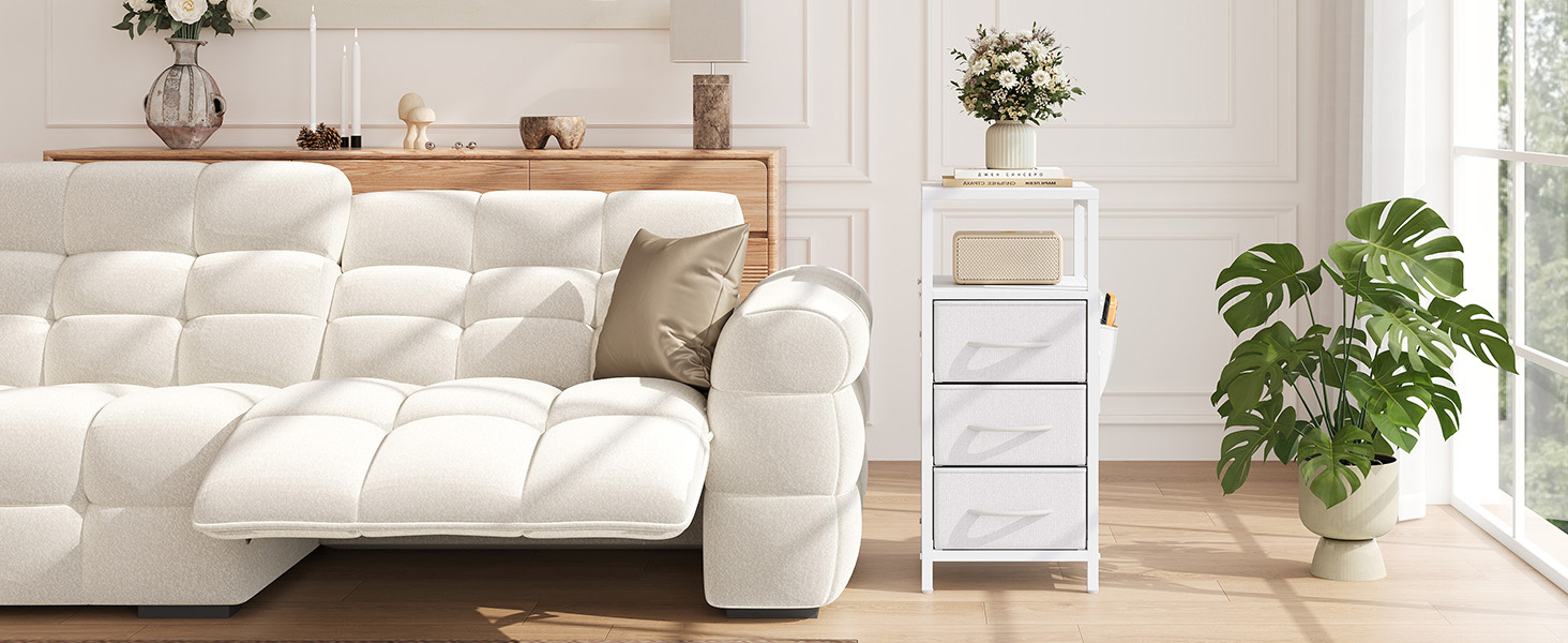 Нічний столик з підзарядкою та LED-підсвіткою, білий, 25x30x60 см, з 3 висувними ящиками, полицею та USB/Type-C портами