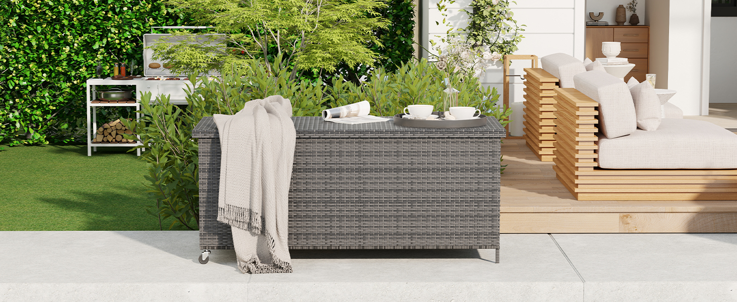 Скриня для подушок садових Polyrattan Amopatio 480л, водонепроникна, з роликами та газліфтом, сіра