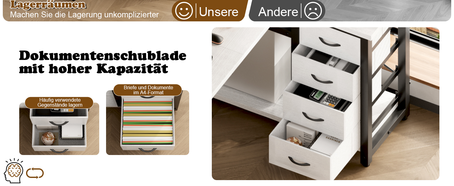 Комп'ютерний стіл L-подібний Devoko з 4 ящиками з тканини, 2 розетками та 2 USB-портами, для дому та офісу, ігор, білий, 140x80 см