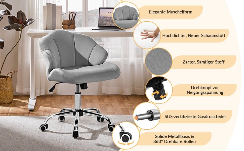 Крісло для дому та офісу Yaheetech, крісло для макіяжу, офісне крісло з регулюванням висоти, поворотне, з м'якою спинкою у формі мушлі, на коліщатках, з велюру, до 136 кг, білий (світло-сірий)