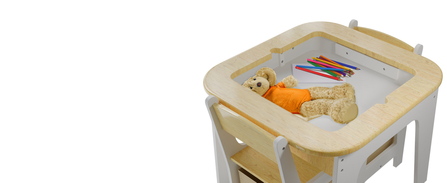 Дитячий стіл та комплект з 2 стільців Juskys Milou - дерев'яний ігровий стіл з місцем для зберігання, дитяча меблі для малювання та ігор (натуральне дерево)