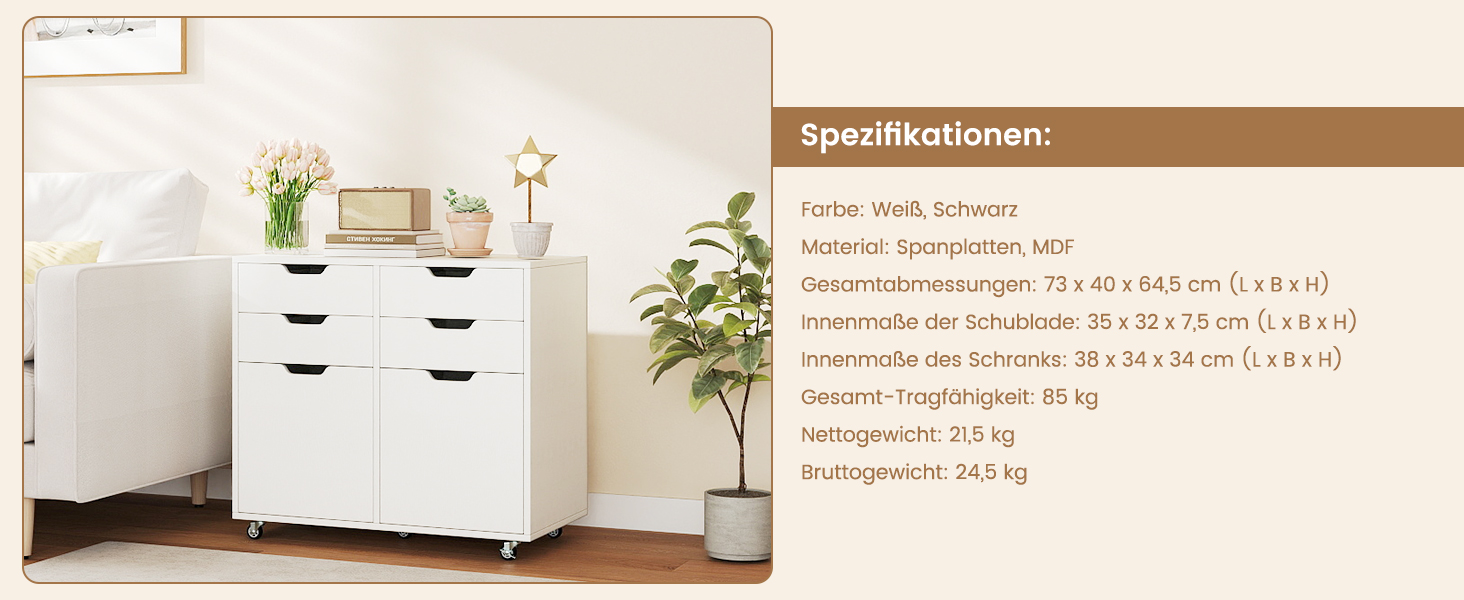 Роликовий контейнер GIANTEX з 5 шухлядами, офісний шафчик на колесах, тумбочка під стіл з дерева, друкарський столик для дому та офісу (білий, 49 x 40 x 65 см)