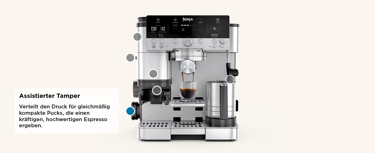 Кавомашина Ninja Luxe Premier 3-в-1 з млинком і капучинатором, для латте, капучино, еспресо, холодної кави, 4 режими спінювання, срібляста, ES601EU, євро-штекер
