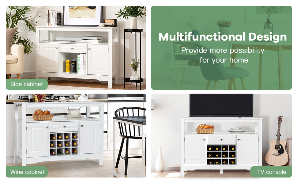 GIANTEX Буфет з полицями для вина, комод у шафу, білий, з ящиками та 2 шафами