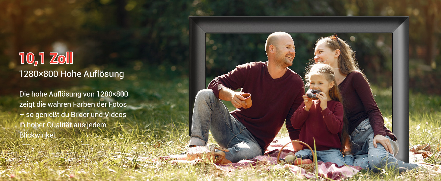 Цифровий фоторамка OBVHNUA 10.1 дюйма з IPS екраном (1280x800) та пультом, USB/SD (128GB), автоповорот, відтворення фото/музики/відео