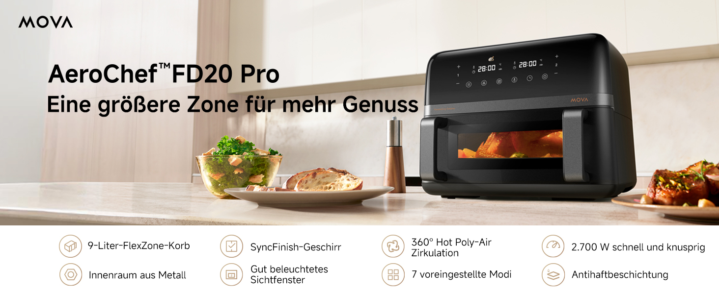 Аерофритюрниця Mova AeroChef FD20 Pro з двома зонами приготування, 9 л, 2700 Вт, SyncFinish, діапазон температур 40-230 °C