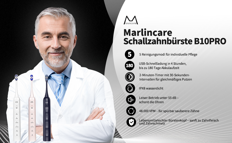 Електрична зубна щітка для дорослих B10PRO-Rosa, 5 режимів, 48000 VPM, IPX8, акумулятор 180 днів, таймер, 4 насадки, чохол