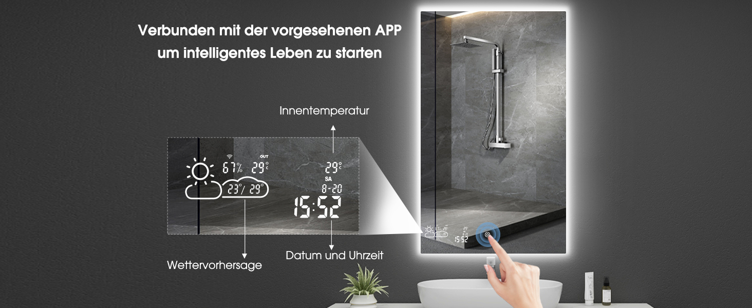 Дзеркало для ванної кімнати LED ByeCold 60x80 см з підсвічуванням, антизапарювання, WiFi, погода та дата, сенсорне управління