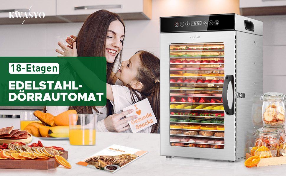 Сушарка для продуктів Kwasyo Edelstahl 750W з 18 рівнями, цифровим таймером, регулюванням температури та захистом від перегріву. Професійна дегідратор для фруктів, овочів, м'яса