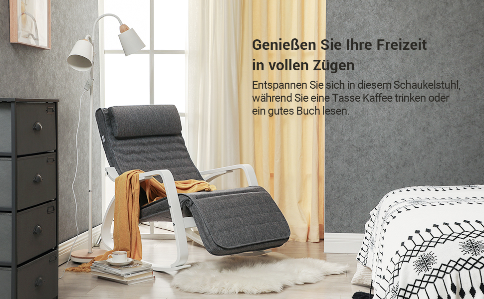 Крісло-гойдалка SONGMICS з підлокітниками, з натурального дерева, для спальні/вітальні, регульована підніжка, до 150 кг, темно-сірий + білий, імітація льону