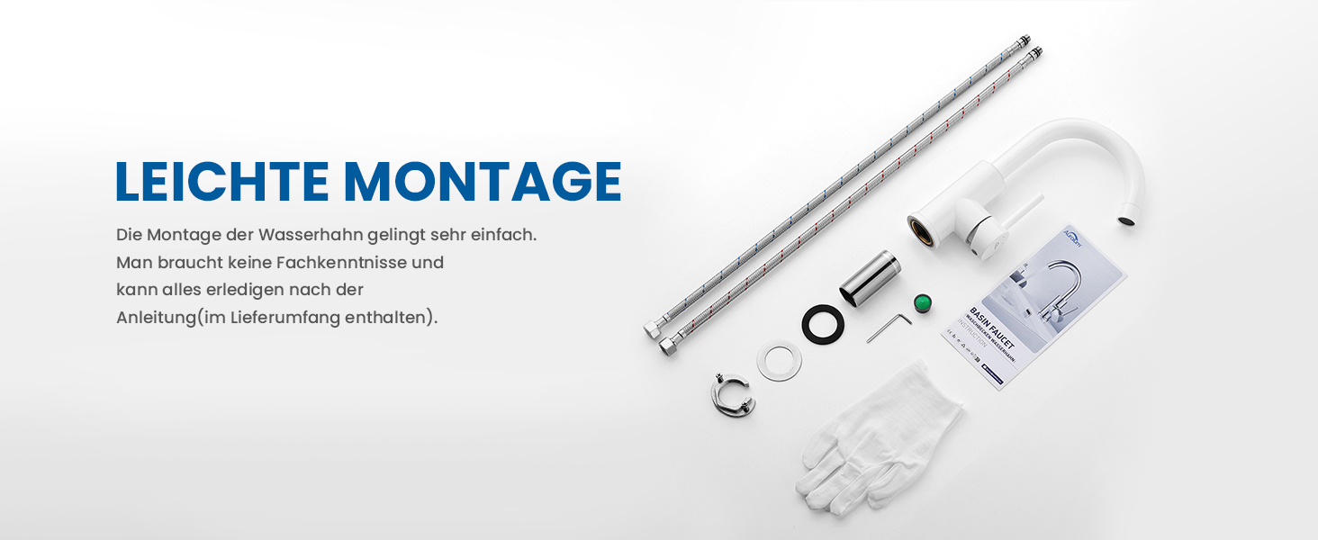 Змішувач для ванної кімнати/кухні Auralum з поворотним гусаком 360°, з високоякісної латуні, з підключенням 60 см, однорідний змішувач (білий)