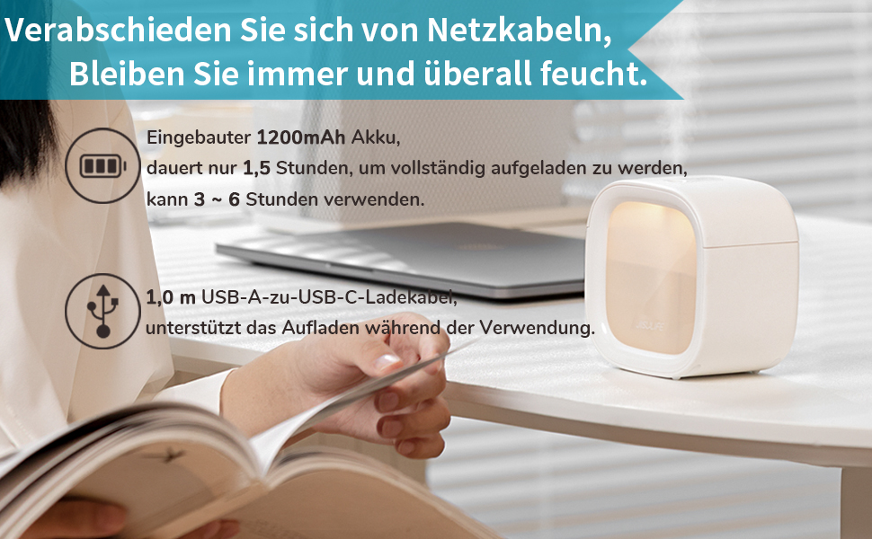 Персональний міні-зволожувач JISULIFE, нічник Маленький зволожувач повітря бездротовий 300 мл, зволожувач повітря для немовлят тихий, портативний зволожувач повітря легко чистити для рослин, офісу, сну -білий
