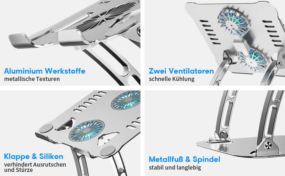 Підставка для ноутбука з RGB вентилятором, регульована висота, алюмінієвий сплав, 10-17'', сіра